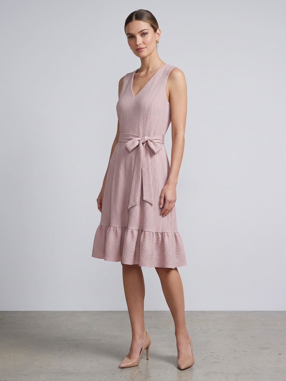CK Sleeveless V-Neck Tie-Waist Pink Dress